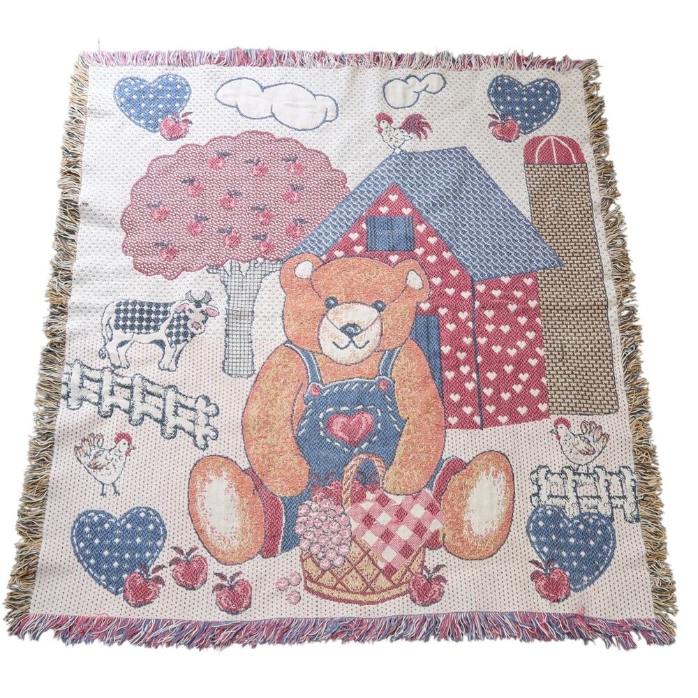 Vintage 90s Teddy Bear Heart Farm Theme Woven Tapestry Blanket